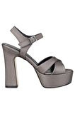Modabuymus Platin Gri Saten Kalın Platform Topuklu Yüksek Ayakkabı - Margarita