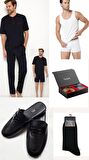 5Lİ Kutulu Erkek Çeyiz Paketi Pijama Takım & Şort Atlet Boxer  Çorap - Kemer Cüzdan Set ve Terlik  H