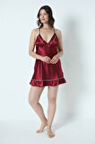 Kadın Bordo Saten Çeyiz Seti 6 Parça Beyaz Biyeli Sabahlık Gecelik Pijama Şortlu Takım 8630