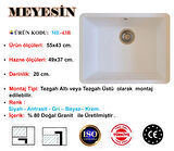 Meyesin Tezgah Altı Beyaz Granit Mutfak Eviyesi 43 X 55 cm.