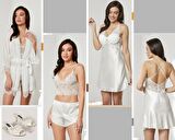 Pierre Cardin Saten Sabahlık Gecelik Şort Takım 4'lü Ve Terlikli Çeyiz Paketi