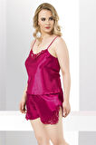 Eterelle   Büyük Beden Vişne Saten Babydoll Şort Takımı