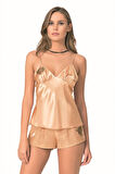 Eterelle   Gold Saten Babydoll Şort Takımı