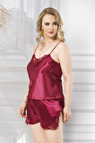 Eterelle   Büyük Beden Bordo Saten Babydoll Şort Takımı
