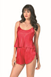 Eterelle   Kırmızı Saten Babydoll Şort Takımı
