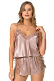 Eterelle   Vizon Saten Babydoll Şort Takımı