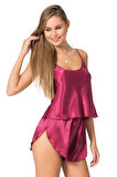 Eterelle   Bordo Saten Babydoll Şort Takımı