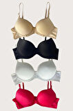 Siyah-Beyaz-Kırmızı-Ten 4'lü Dolgulu Push Up Micro Balenli Günlük Tek Destekli Sütyen