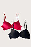 Siyah-Kırmızı 2'li Mikro Kumaş Push Up Dolgulu Balenli Günlük Destekli Sütyen