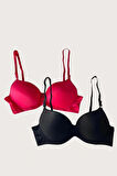 Siyah-Kırmızı 2'li Mikro Kumaş Push Up Dolgulu Balenli Günlük Destekli Sütyen