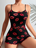 Pamuklu Kiss Öpücük Desen Siyah Fitilli Şortlu Pijama Takımı