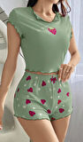 Yeşil Çilek Desenli Askılı Şortlu Pijama Takım