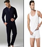 Pierre Cardin Lacivert Pijama Takımı Beyaz Atlet ve Boxer Seti