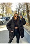 Kapşonlu Oversize Şişme Mont - Siyah