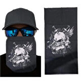 Siyah Beyaz Kafatası Baskılı Boyunluk ( Baf, Bandana) 25x48 cm+Çok Amaçlı Hayatta Kalma Bilekliği