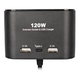 Olesson 1653 12-24v Çift Usb + Type-c Girişli 100w 70cm Kablolu 3'lü Araç Çakmak Çoklayıcı