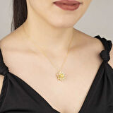925 Ayar Gümüş Gold Beyaz Taşlı Lotus Çiçeği Kadın Kolye
