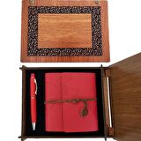 Ahşap Kutulu Kırmızı Deri Defter Metal Kalem Set