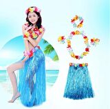 Parti Luau Aloha Havaii Partisi  Etek Taç ve Bileklik Seti Mavi