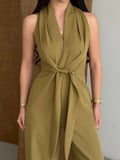 twomeey Kadın Önden Bağlamalı Cepli İthal Atlas Kumaş Tulum
