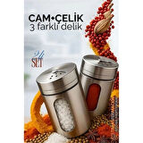 CEYLAN ADAM  Cam+Çelik Tuzluk Biberlik Karabiberlik 3 Farklı Delikli 2 li SET