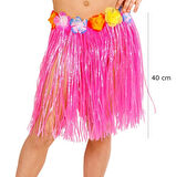 CEYLAN ADAM   Yetişkin ve Çocuk Uyumlu Pembe Renk Püsküllü Hawaii Luau Hula Etek 40 cm