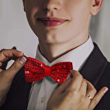 CEYLAN ADAM   Gece Işıltısı Kırmızı Payetli Pullu Papyon 7x2 cm