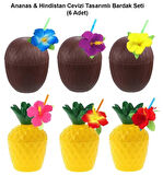 CEYLAN ADAM   Ananas &amp; Hindistan Cevizi Tasarımlı Pipetli Bardak Seti (6 Adet)