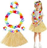 CEYLAN ADAM   Yetişkin Çocuk Hawaii Parti Seti - 40 cm Naturel Etek + Çiçek Aksesuarlar (5 Parça)