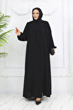 Siyah Dökümlü Medine Ipeği Robalı Fermuarlı Ferace Mf-2238