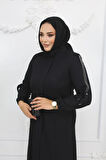 Siyah Kol Taş Detaylı Apoletli Fermuarlı Büyük Beden Kadın Ferace - Mf-2248