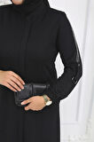 Siyah Kol Taş Detaylı Apoletli Fermuarlı Büyük Beden Kadın Ferace - Mf-2248