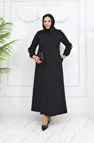 Siyah Kol Taş Detaylı Apoletli Fermuarlı Büyük Beden Kadın Ferace - Mf-2248