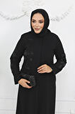 Siyah Çiçek Taş Işlemeli Fermuarlı Büyük Beden Kadın Ferace Mf-2254
