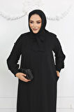 Siyah Fularlı Düğme Detaylı Fermuarlı Büyük Beden Kadın Ferace Mf-2257