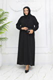 Siyah Fularlı Düğme Detaylı Fermuarlı Büyük Beden Kadın Ferace Mf-2257