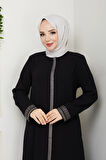 Siyah Boydan Nakış Detaylı Fermuarlı Büyük Beden Ferace Mf-4007