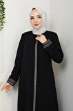 Siyah Boydan Nakış Detaylı Fermuarlı Büyük Beden Ferace Mf-4007