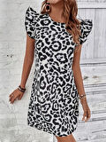 Kadın Kısa Kollu Kolları Fırfır Detay Arkası Bağlamalı Leopar Desen Kolsuz Mini Mikro Elbise