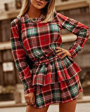 Kadın Ekose Kumaş Dijital Baskılı Uzun Kollu Mini Boy Elbise