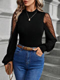 Kadın Uzun Kollu Yarı Balıkçı Yaka Kolları Tül Detaylı Ithal Krep Bluz