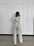 Uzun Kollu Önü İp Büzgülü  Crop Ve Pantolon İkili Takım - Gri