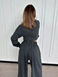 Uzun Kollu Önü İp Büzgülü Crop Ve Pantolon İkili Takım - Antrasit