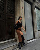 SÜET KALEM ETEK YIRTMAÇ DETAYLI - Taba