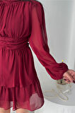 ŞİFON KATLI UZUN KOL ELBİSE - Bordo