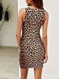 Kadın Askılı Yuvarlak Yaka Leopar Desenli Süprem Elbise