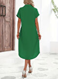 Kadın Kısa Kollu Yakalı Düğme Detay Midi Dokuma Elbise