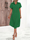 Kadın Kısa Kollu Yakalı Düğme Detay Midi Dokuma Elbise