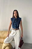 Mavi Yaka Detaylı Denim Crop