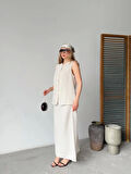 Keten Kolsuz Hırka Etek Ikili Takım- Beyaz